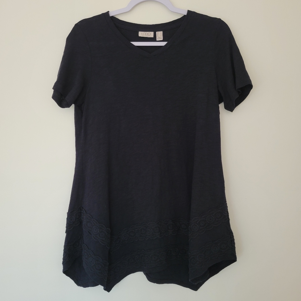 LOGO‎ by Lori Goldstein Black Chic V neck Lace Overlay Hem Tunic Top S